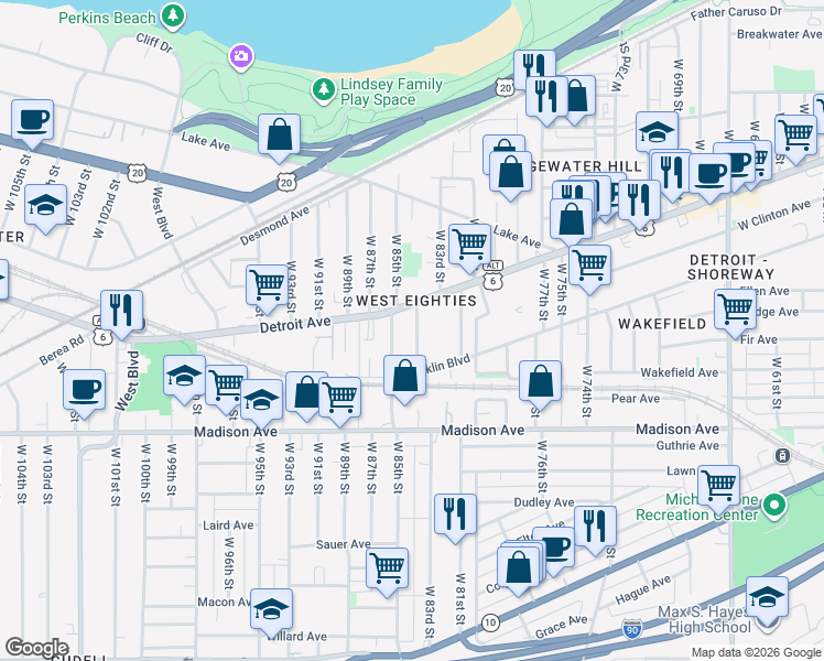 map of restaurants, bars, coffee shops, grocery stores, and more near 1426 West 84th Street in Cleveland