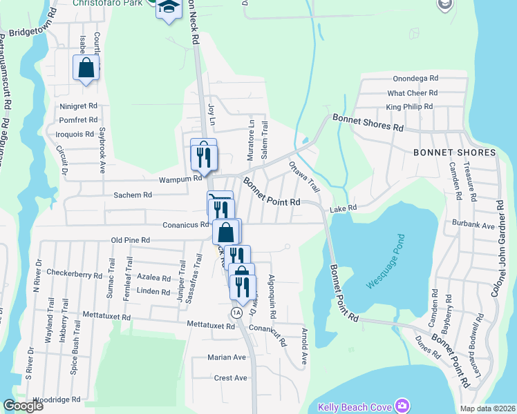 map of restaurants, bars, coffee shops, grocery stores, and more near 35 Old Town Trail in Narragansett