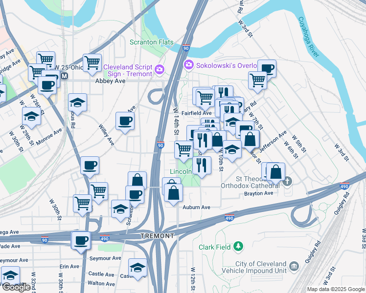 map of restaurants, bars, coffee shops, grocery stores, and more near 2363 West 14th Street in Cleveland