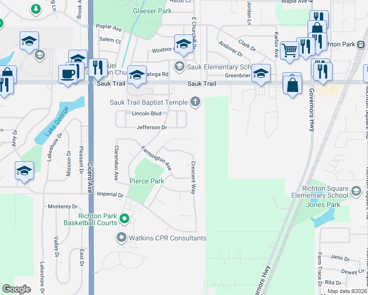 map of restaurants, bars, coffee shops, grocery stores, and more near 22521 Crescent Way in Richton Park