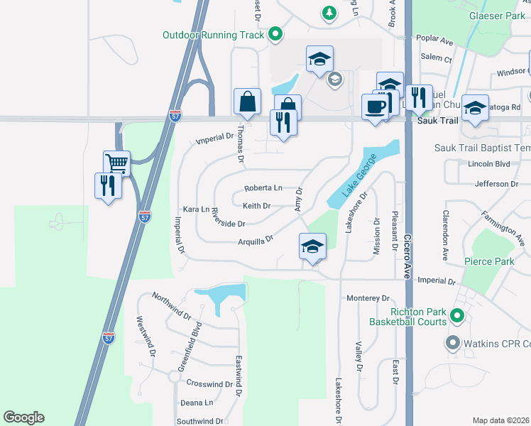 map of restaurants, bars, coffee shops, grocery stores, and more near 5138 Riverside Drive in Richton Park