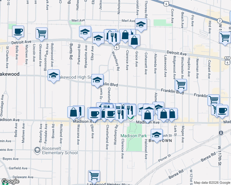 map of restaurants, bars, coffee shops, grocery stores, and more near 1594 Waterbury Road in Lakewood