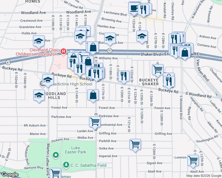 map of restaurants, bars, coffee shops, grocery stores, and more near 2917 East 117th Street in Cleveland