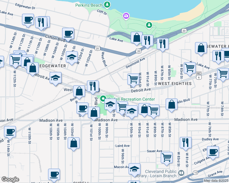 map of restaurants, bars, coffee shops, grocery stores, and more near 9800 Detroit Ave in Cleveland