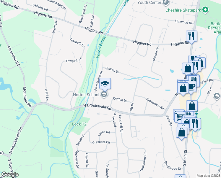 map of restaurants, bars, coffee shops, grocery stores, and more near 414 North Brooksvale Road in Cheshire