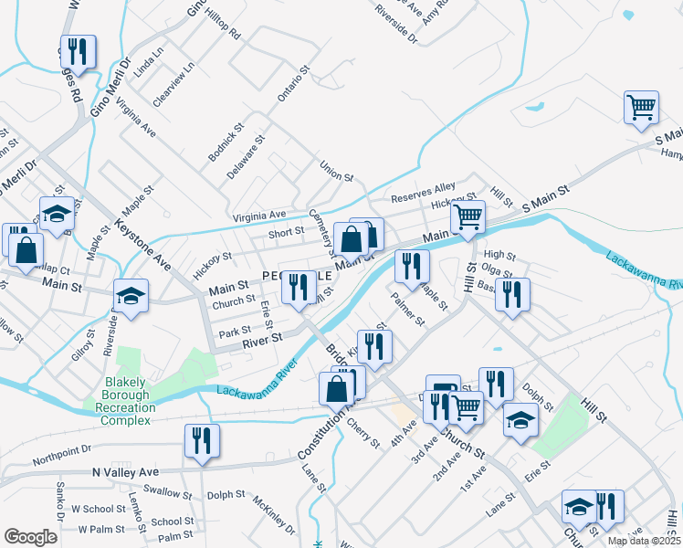 map of restaurants, bars, coffee shops, grocery stores, and more near 528 Mill Street in Blakely