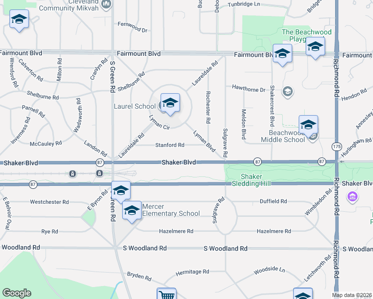 map of restaurants, bars, coffee shops, grocery stores, and more near 24049 Shaker Boulevard in Shaker Heights