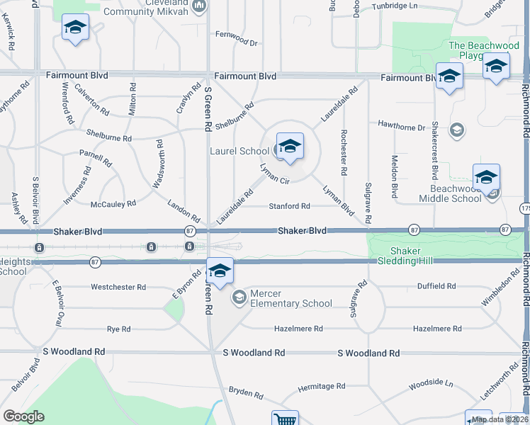 map of restaurants, bars, coffee shops, grocery stores, and more near 23599 Shaker Boulevard in Shaker Heights
