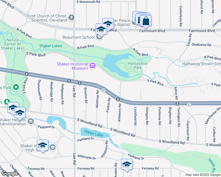 map of restaurants, bars, coffee shops, grocery stores, and more near 17219 Shaker Boulevard in Shaker Heights