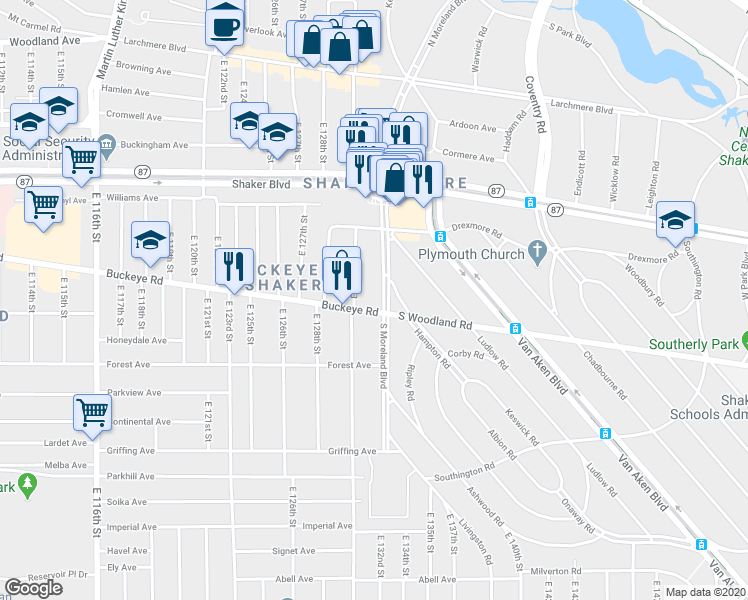 map of restaurants, bars, coffee shops, grocery stores, and more near 13106 Buckeye Road in Cleveland