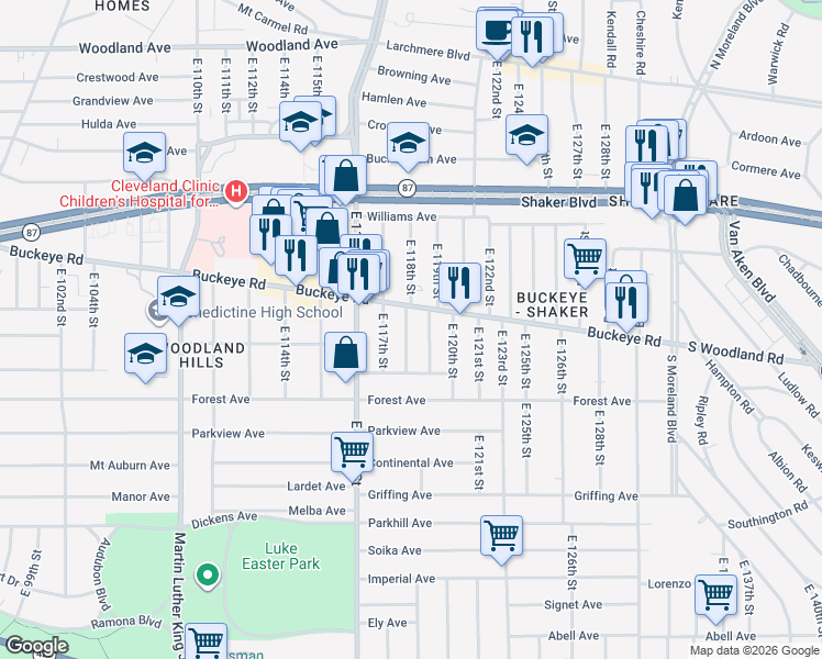 map of restaurants, bars, coffee shops, grocery stores, and more near 2917 East 117th Street in Cleveland