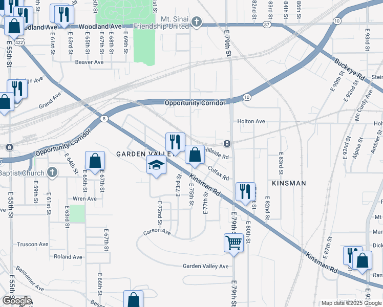 map of restaurants, bars, coffee shops, grocery stores, and more near 2911 East 75th Street in Cleveland