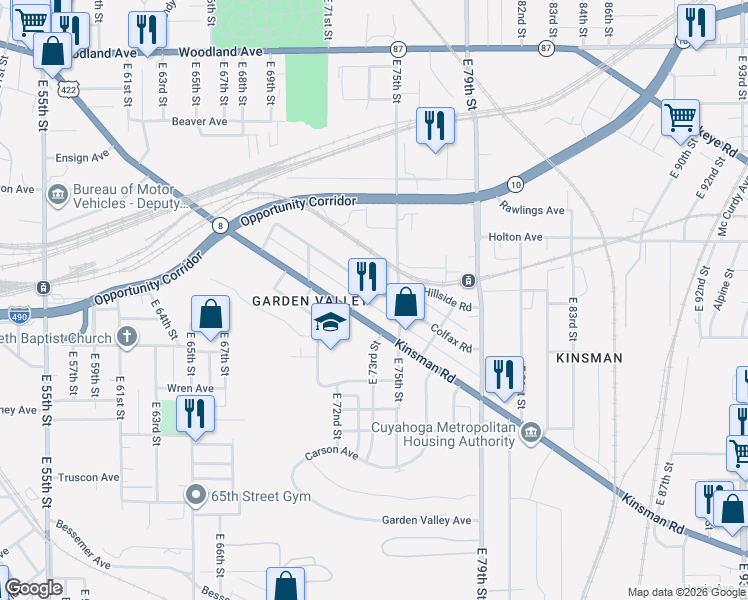 map of restaurants, bars, coffee shops, grocery stores, and more near 7201 Kinsman Road in Cleveland