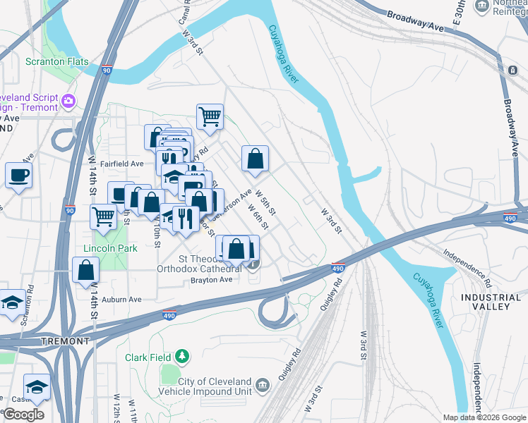 map of restaurants, bars, coffee shops, grocery stores, and more near 2489 West 6th Street in Cleveland