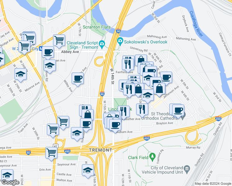 map of restaurants, bars, coffee shops, grocery stores, and more near 2420 West 14th Street in Cleveland
