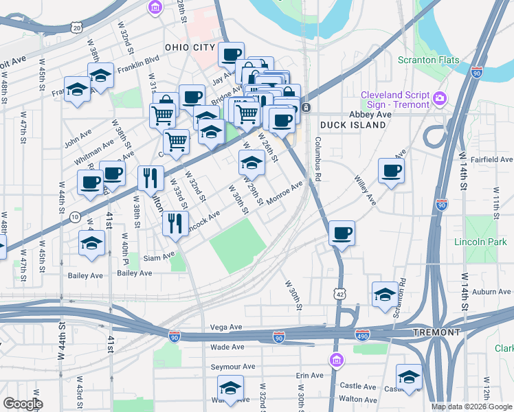 map of restaurants, bars, coffee shops, grocery stores, and more near 3015 Monroe Avenue in Cleveland