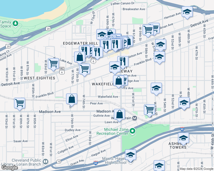 map of restaurants, bars, coffee shops, grocery stores, and more near 6711 Fir Avenue in Cleveland