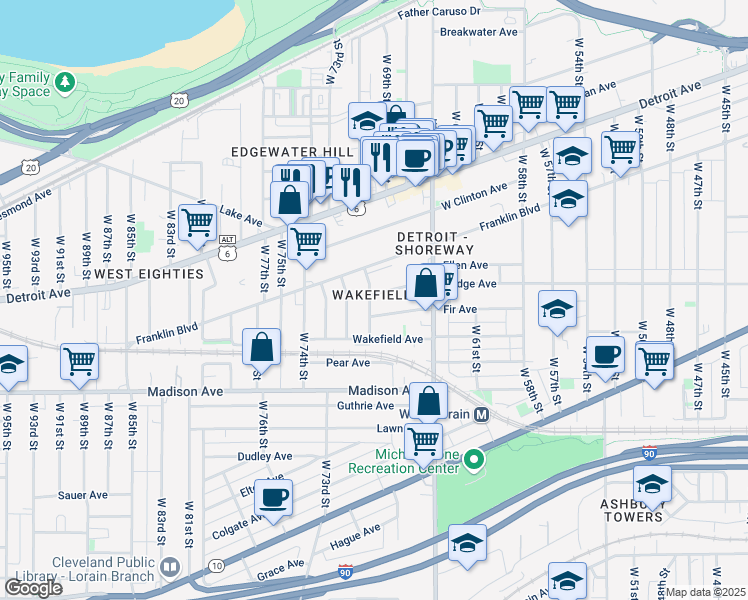 map of restaurants, bars, coffee shops, grocery stores, and more near 1921 West 71st Street in Cleveland