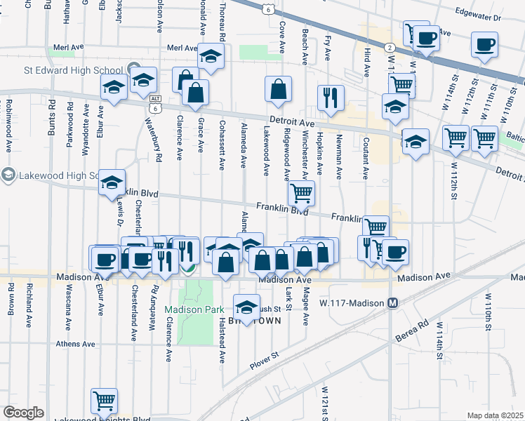 map of restaurants, bars, coffee shops, grocery stores, and more near 1573 Alameda Avenue in Lakewood