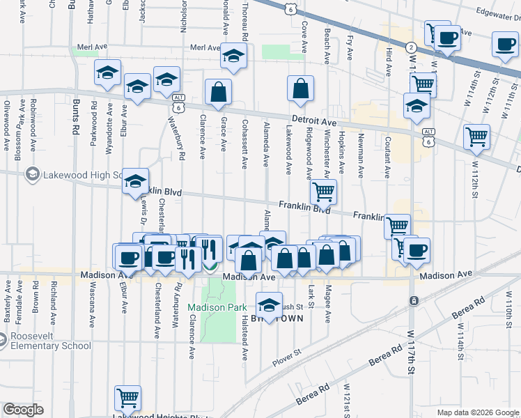 map of restaurants, bars, coffee shops, grocery stores, and more near 1581 Cohassett Avenue in Lakewood