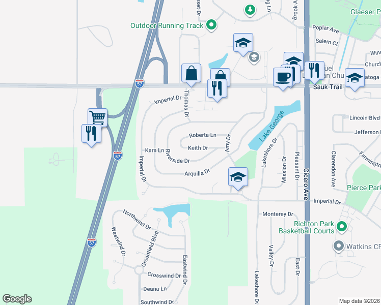 map of restaurants, bars, coffee shops, grocery stores, and more near 5215 Riverside Drive in Richton Park