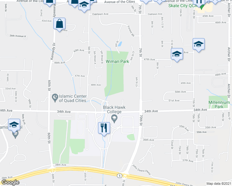 map of restaurants, bars, coffee shops, grocery stores, and more near 6625 34th Avenue in East Moline