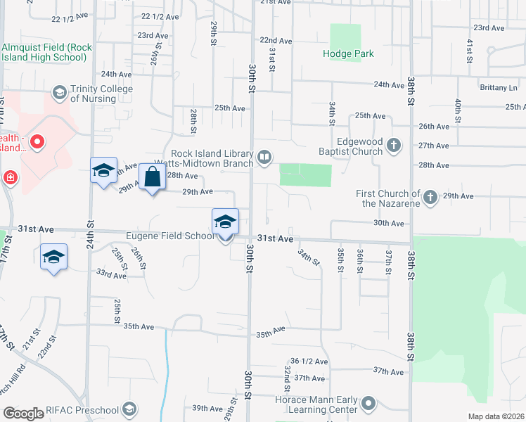 map of restaurants, bars, coffee shops, grocery stores, and more near 3001 31st St in Rock Island
