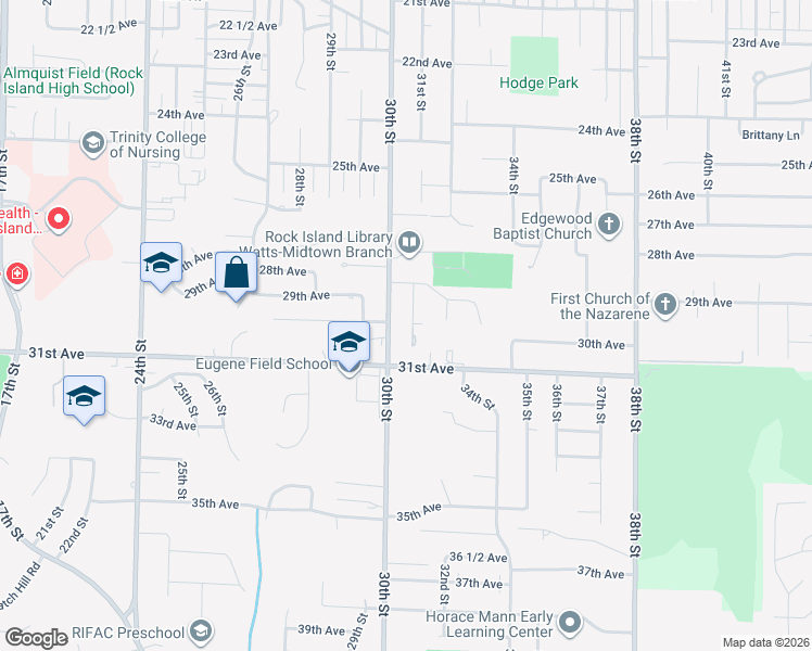 map of restaurants, bars, coffee shops, grocery stores, and more near 3001 31st St in Rock Island