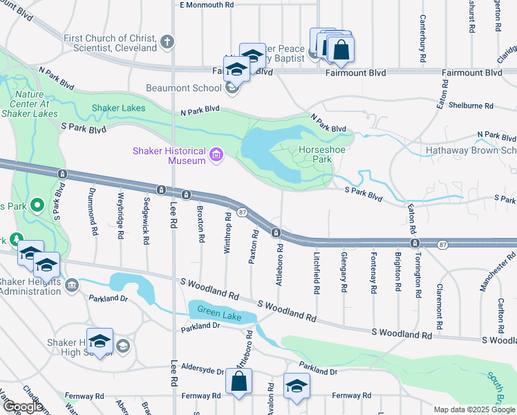 map of restaurants, bars, coffee shops, grocery stores, and more near 17219 Shaker Boulevard in Shaker Heights