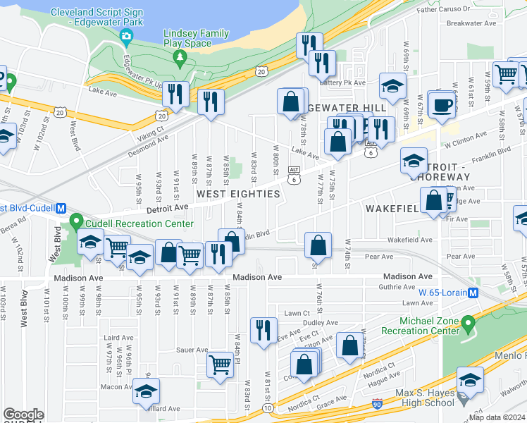 map of restaurants, bars, coffee shops, grocery stores, and more near 1440 West 81st Street in Cleveland