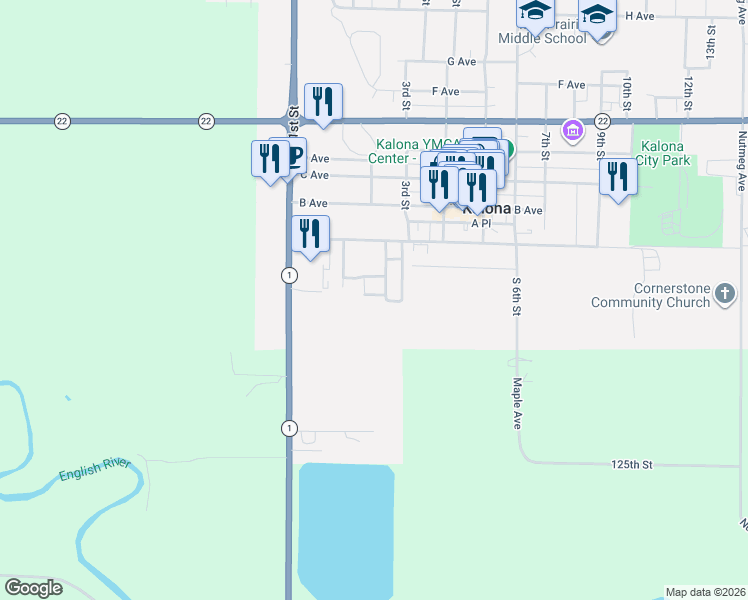map of restaurants, bars, coffee shops, grocery stores, and more near 202 1st Street in Kalona