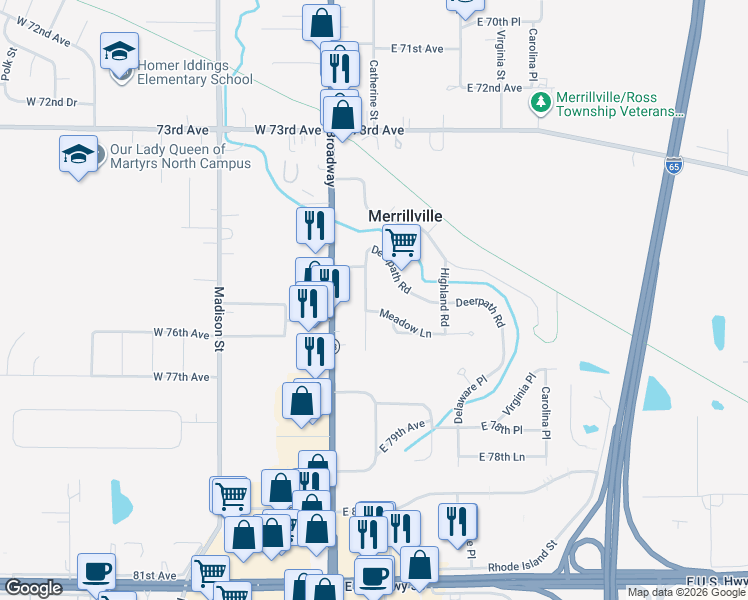 map of restaurants, bars, coffee shops, grocery stores, and more near 17-19 Sunset Road in Merrillville