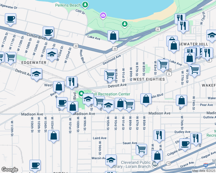 map of restaurants, bars, coffee shops, grocery stores, and more near Detroit Avenue & West 95th Street in Cleveland