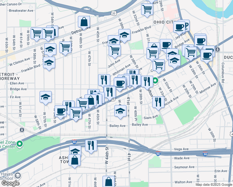 map of restaurants, bars, coffee shops, grocery stores, and more near 4241 Lorain Avenue in Cleveland