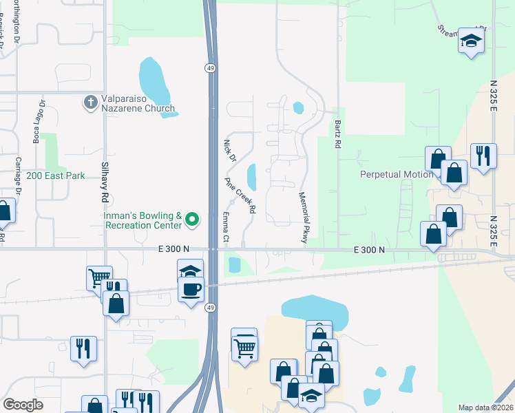 map of restaurants, bars, coffee shops, grocery stores, and more near 1105 Pine Creek Rd in Valparaiso