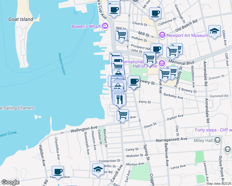 map of restaurants, bars, coffee shops, grocery stores, and more near 9 Extension Street in Newport