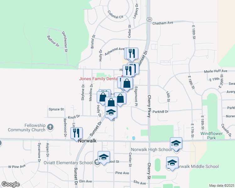 map of restaurants, bars, coffee shops, grocery stores, and more near 1201 Sunset Drive in Norwalk