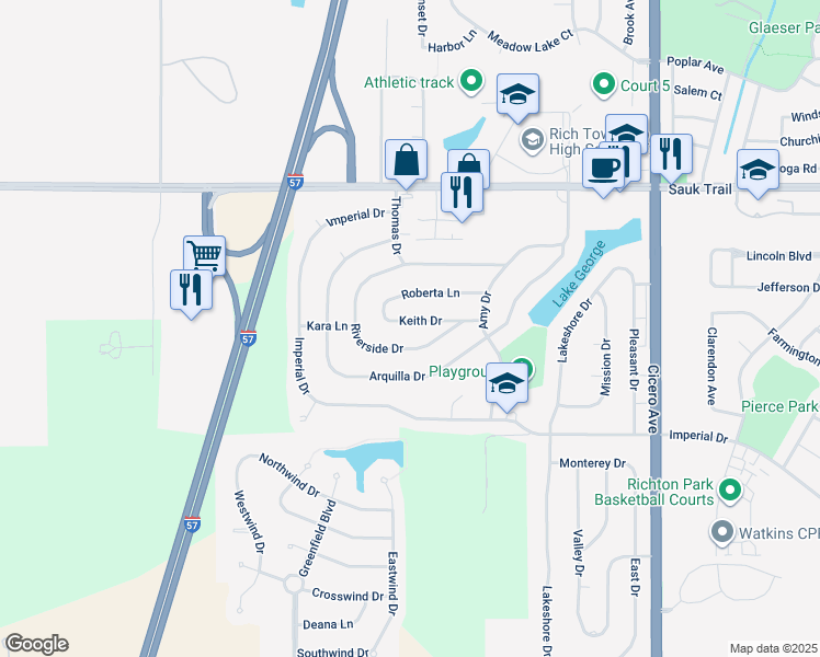 map of restaurants, bars, coffee shops, grocery stores, and more near 5165 Keith Drive in Richton Park