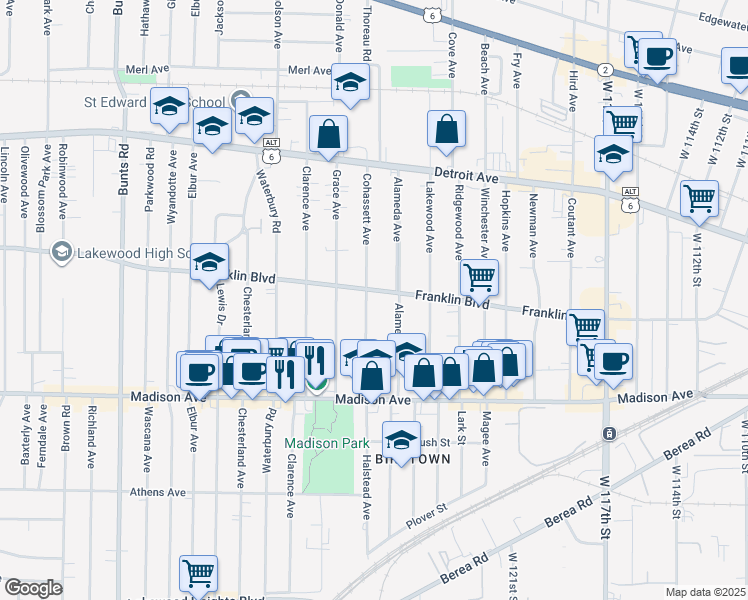 map of restaurants, bars, coffee shops, grocery stores, and more near 1581 Cohassett Avenue in Lakewood