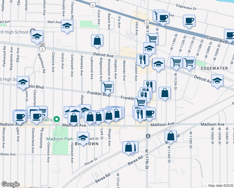 map of restaurants, bars, coffee shops, grocery stores, and more near 11915 Franklin Boulevard in Lakewood
