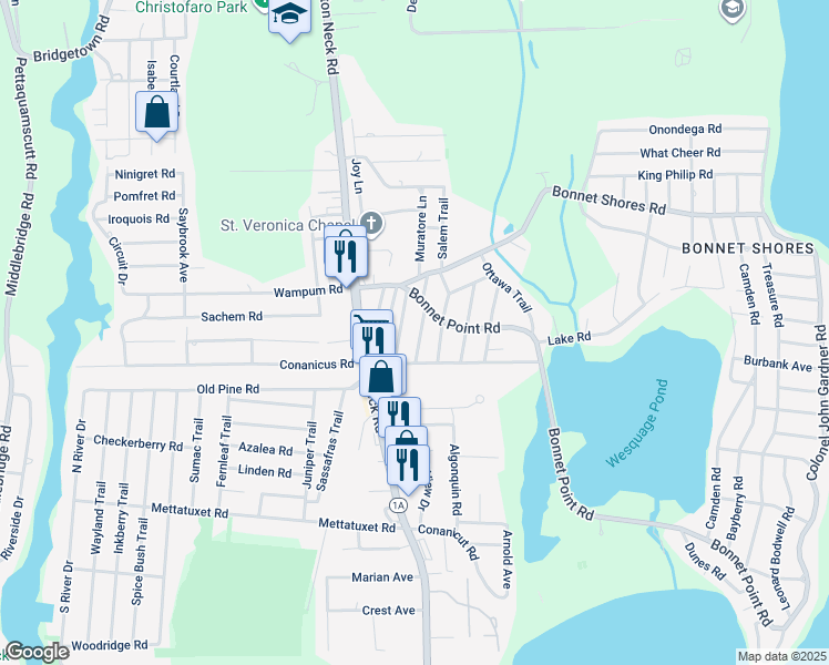 map of restaurants, bars, coffee shops, grocery stores, and more near 15 Aroostook Trail in Narragansett
