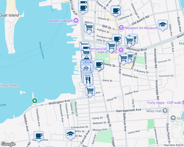 map of restaurants, bars, coffee shops, grocery stores, and more near 33 South Baptist Street in Newport