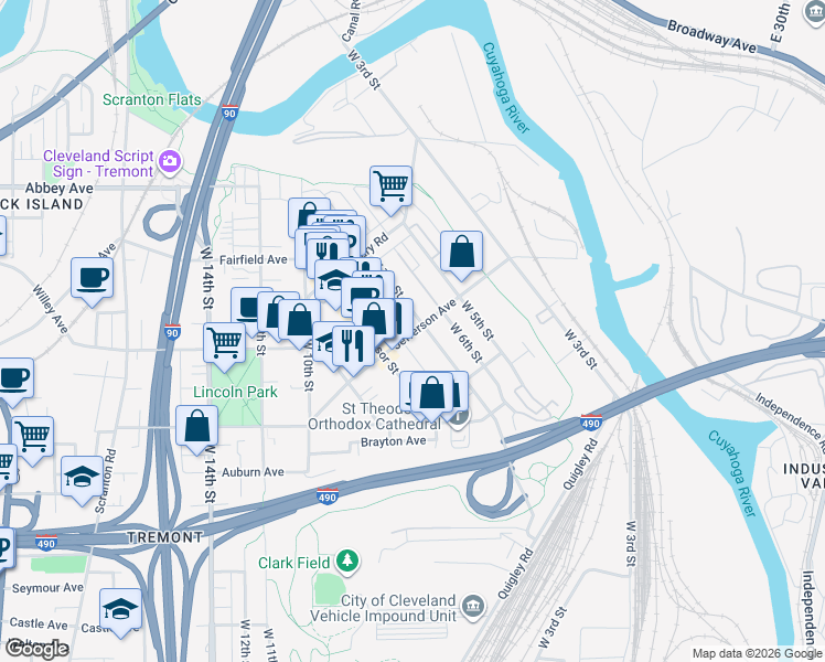 map of restaurants, bars, coffee shops, grocery stores, and more near 710 Jefferson Avenue in Cleveland