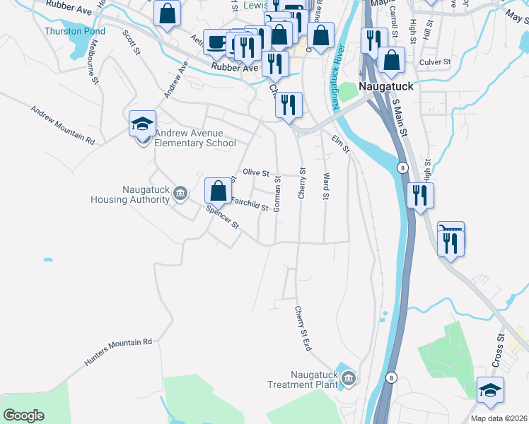 map of restaurants, bars, coffee shops, grocery stores, and more near 181 Gorman Street in Naugatuck