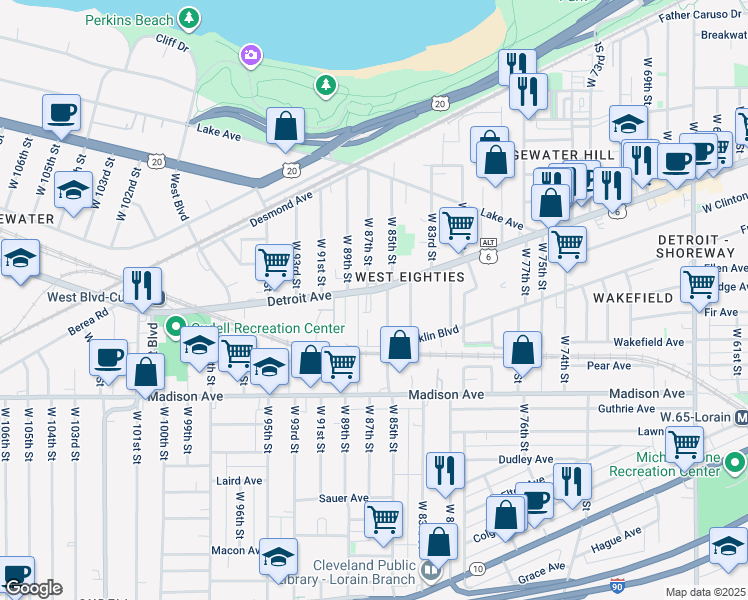map of restaurants, bars, coffee shops, grocery stores, and more near 8607 Detroit Avenue in Cleveland