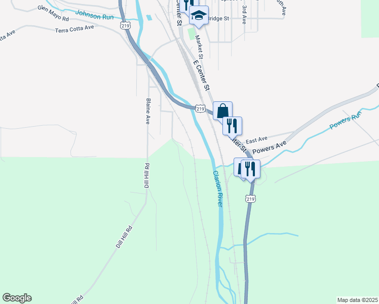 map of restaurants, bars, coffee shops, grocery stores, and more near 1 Grassy Road in Johnsonburg