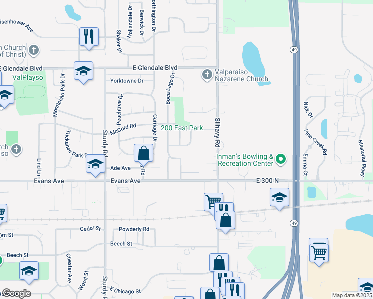 map of restaurants, bars, coffee shops, grocery stores, and more near 1206 Bartlett Drive in Valparaiso