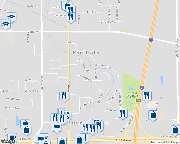 map of restaurants, bars, coffee shops, grocery stores, and more near 29 Deerpath Road in Merrillville
