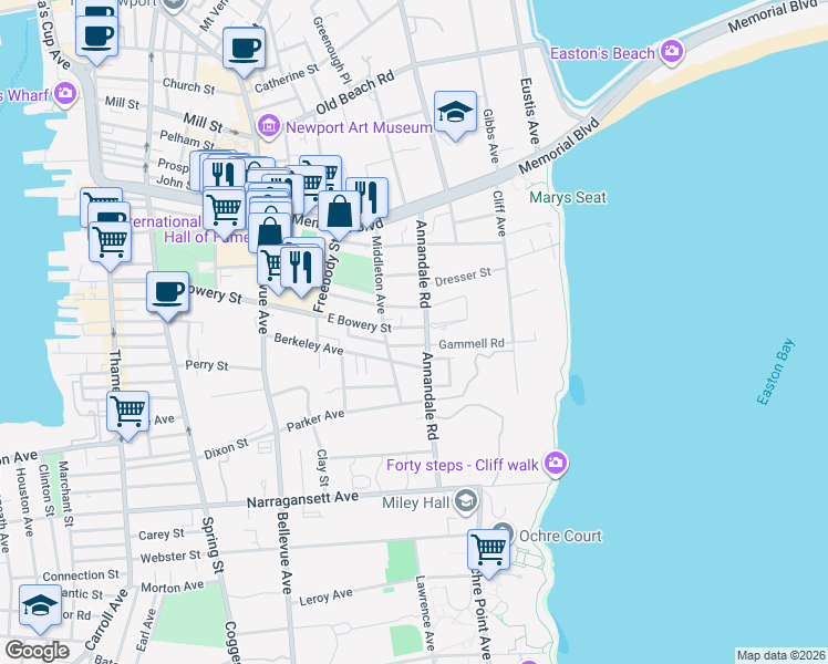 map of restaurants, bars, coffee shops, grocery stores, and more near 63 East Bowery Street in Newport
