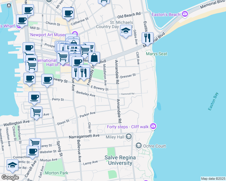 map of restaurants, bars, coffee shops, grocery stores, and more near 65 Annandale Road in Newport